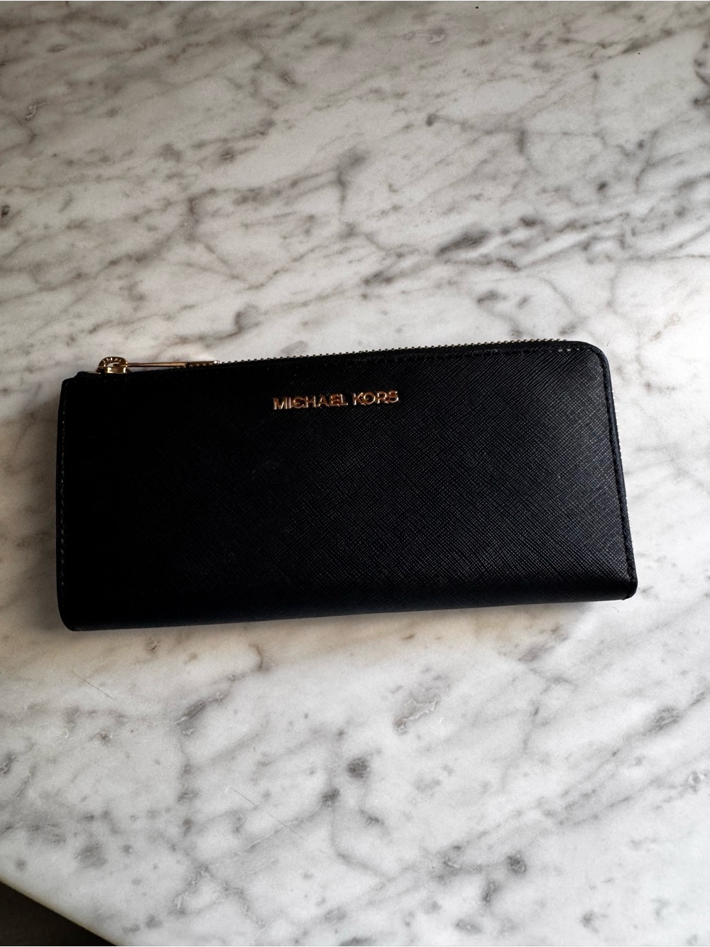 Michael Kors Black Saffiano Zip Wallet with Gold Logo